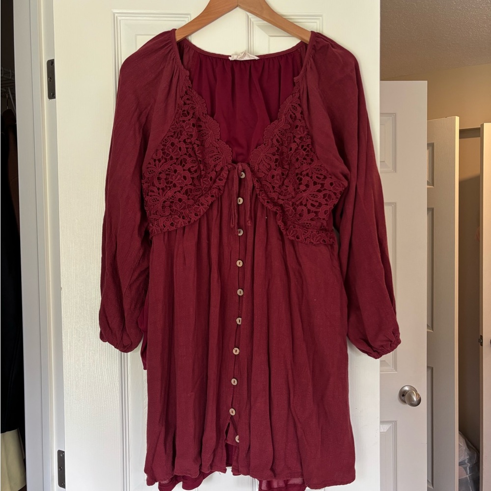 Maternity Burgundy Lace-Trimmed Button-Down Dress